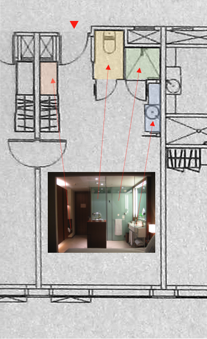 Plans with highlighted bathrooms facilities with photograph from bedroom.